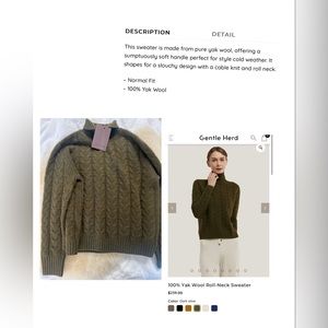 100% Yak Wool Roll Neck Sweater, Dark Olive, Gentle Herd size M Cable Knit